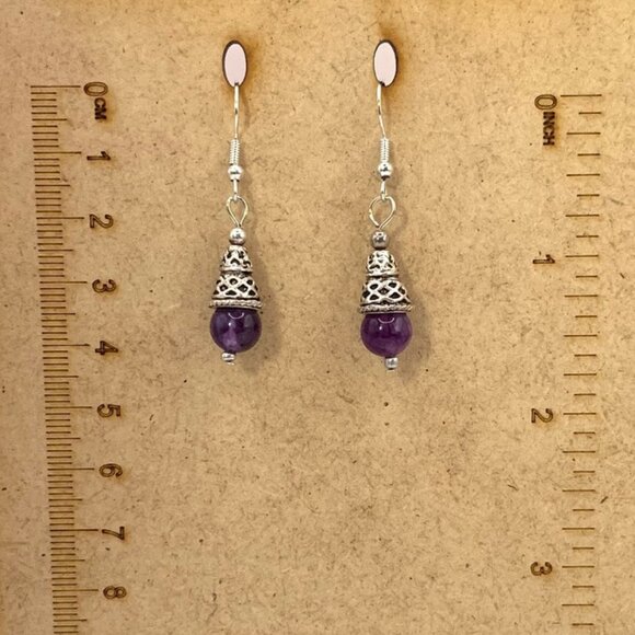 AMETHYST Silver Bali Style Handmade Bead Pierced Earrings LA123 - Picture 2 of 3
